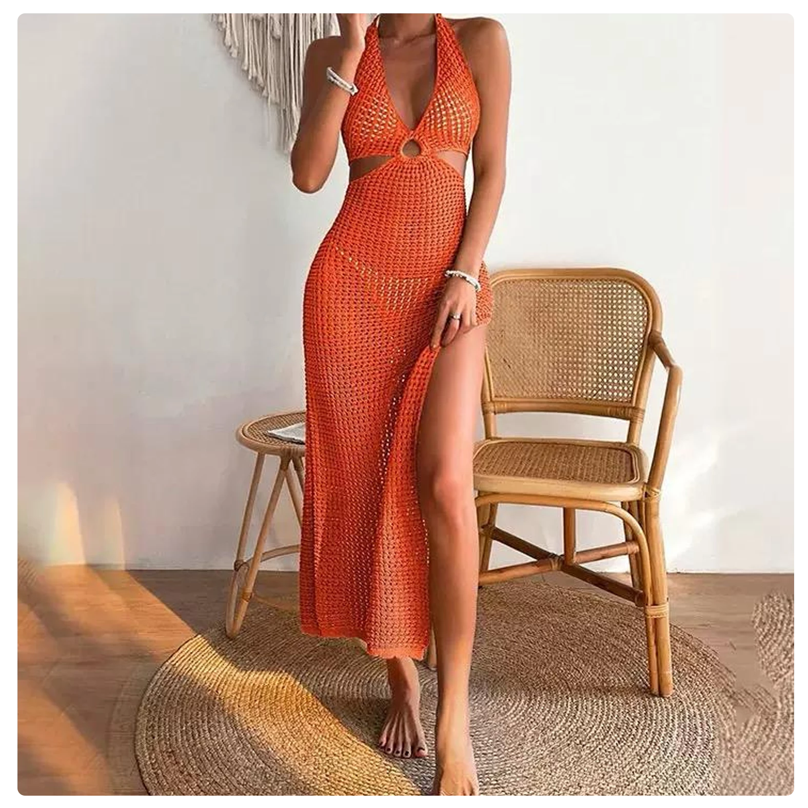 Ring Linked Cut Out Split Thigh Halter Neck Cover Up Dress