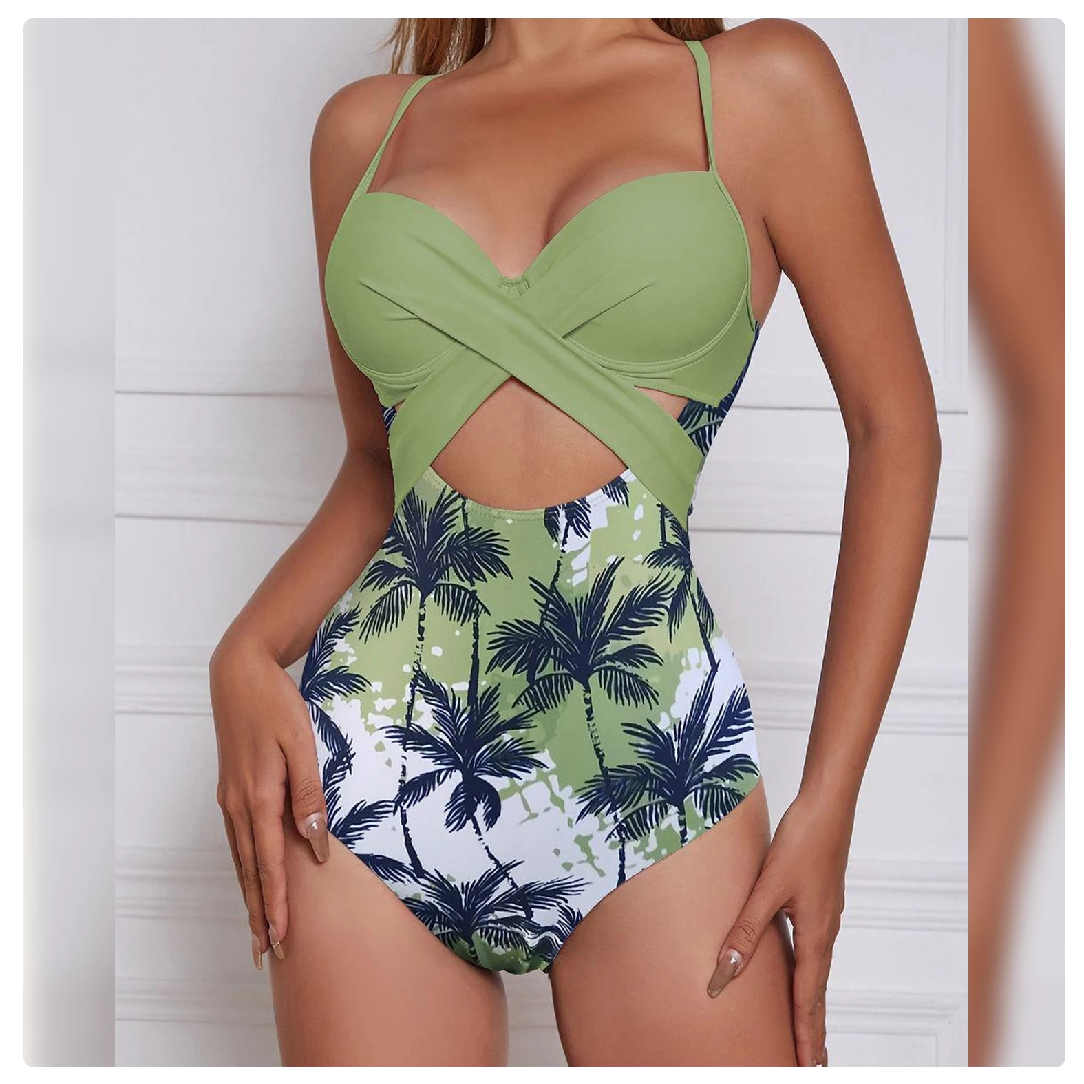 Palm Tree Print Wrap Push Up Swimsuit